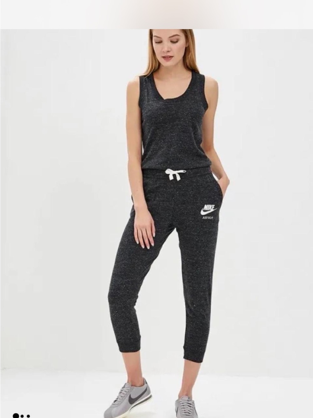 Nike Women’s cross back jumpsuit gray green small pockets tie waist